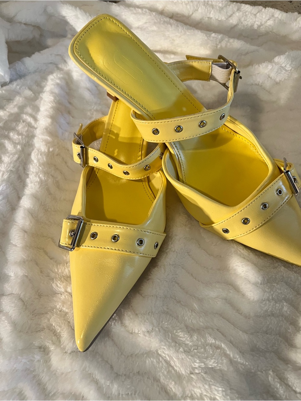 Yellow Pointed Buckle Strap Mules